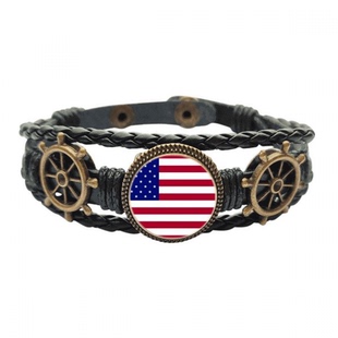 美国国旗北美洲国家象征符号 海洋船舵皮革手链腕带礼物