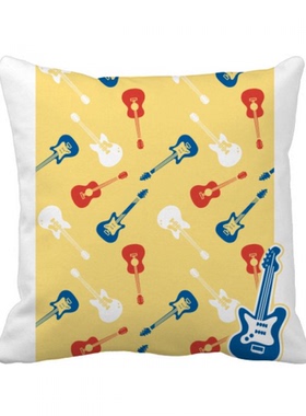 黄色吉他音乐图案插画 方形抱枕靠枕沙发靠垫双面