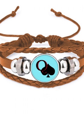 和平女王扑克牌黑桃Q 手链腕带皮革首饰装饰品