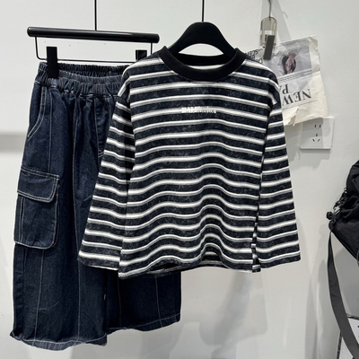 男童纯棉条纹拼色T恤2025秋装儿童宽松休闲圆领卫衣内搭打底衫潮