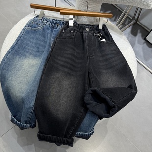 萝卜裤 男童加绒牛仔裤 老爹裤 儿童宽松一体绒加厚保暖长裤 2025冬装