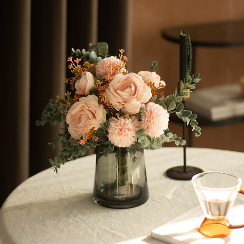 南十字星 北欧清新粉色系仿真玫瑰花艺套餐客厅装饰摆件闲暇心境