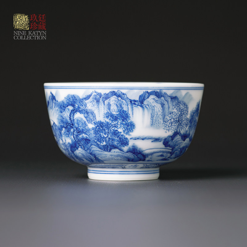 景德镇手工手绘青花山水主人杯中式陶瓷功夫茶具品茗杯带内绘单杯