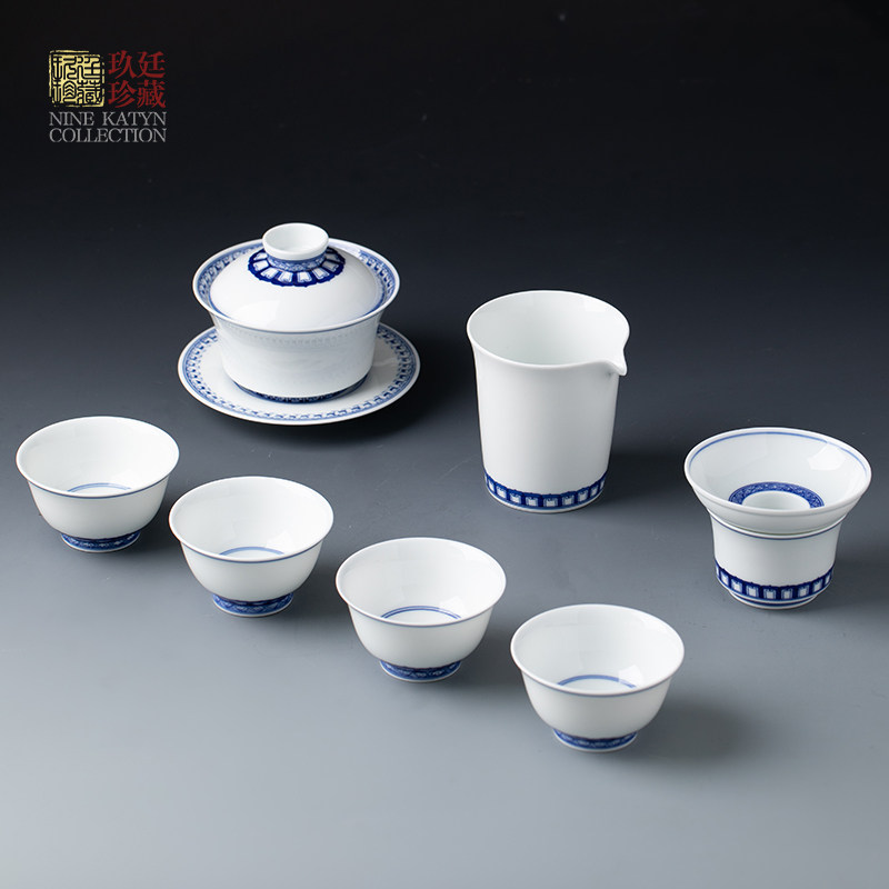 景德镇手工青花瓷陶瓷功夫茶具套装盖碗茶漏公道杯茶杯泡茶三才碗