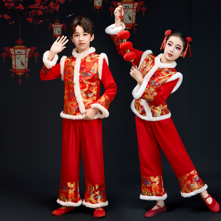 元旦儿童秧歌舞演出服喜庆新年开门红中国风红色幼儿打鼓舞表演服