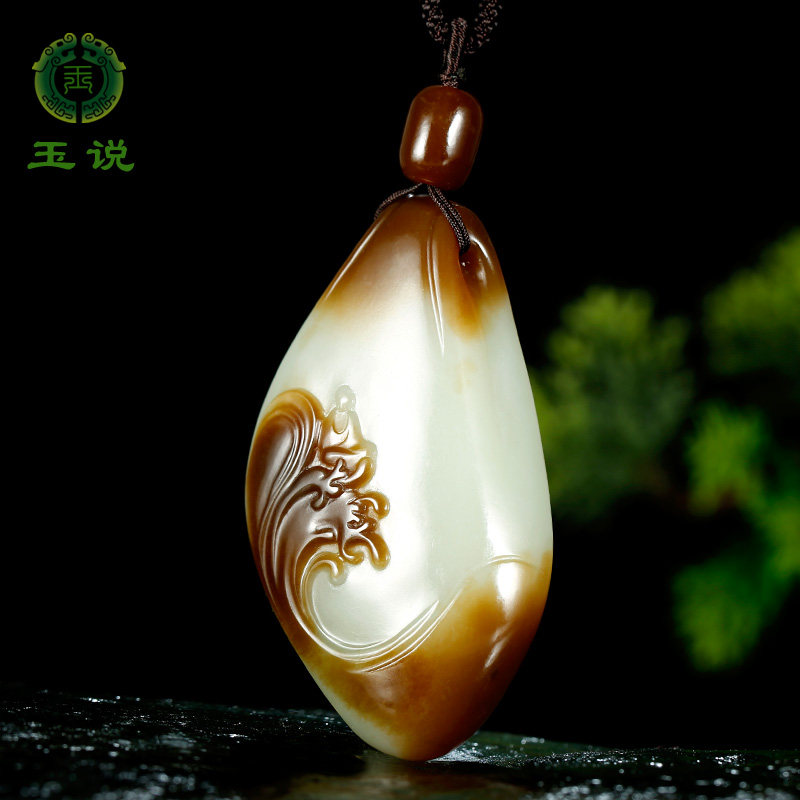 玉说和田玉随形悟道吊坠男款玉坠糖白青花三色潮升青云玉佩玉挂件