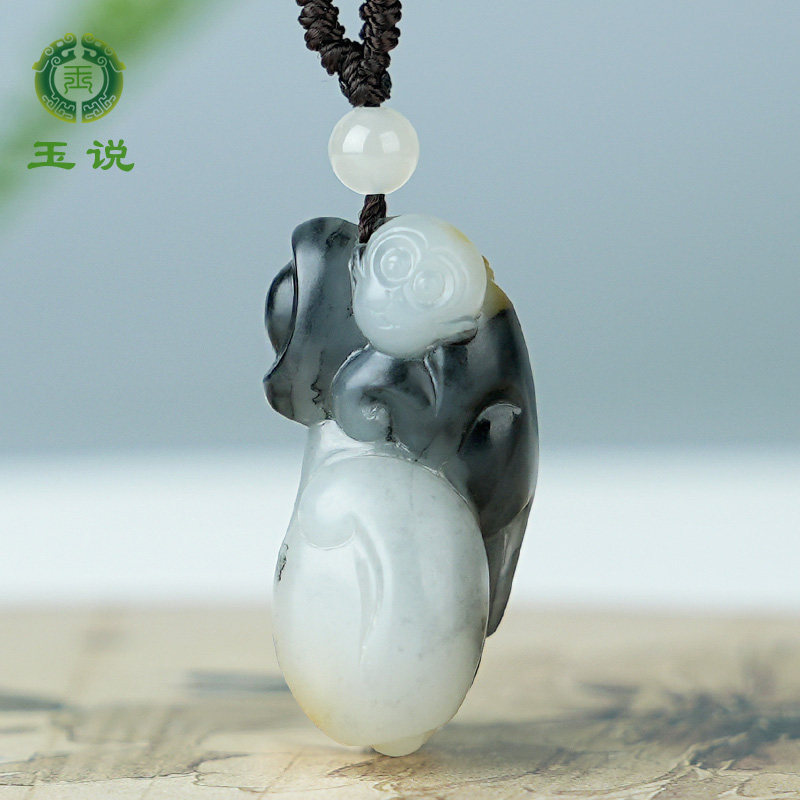 玉说和田玉生肖猴吊坠男女款玉坠洒金皮籽料青花元宝灵猴玉石挂件