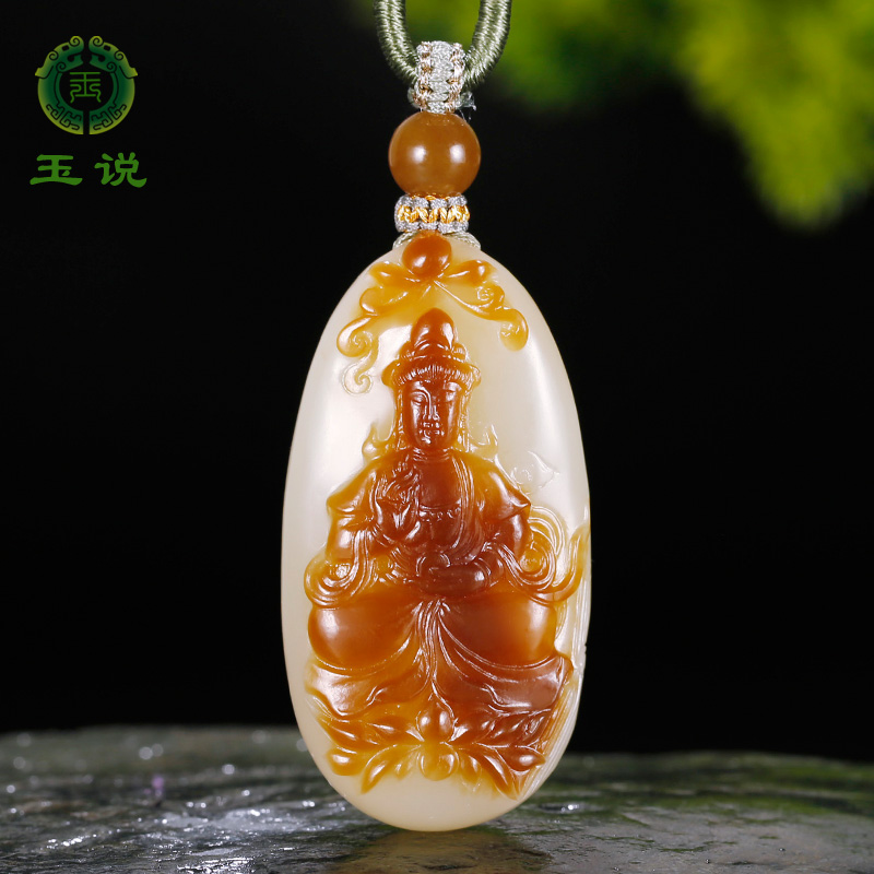 和田玉观音吊坠男款玉坠糖青