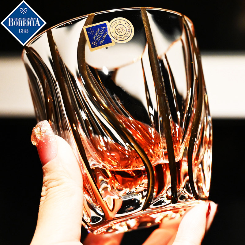 捷克进口水晶玻璃描金威士忌洋酒杯调鸡尾酒杯果汁饮料奶牛水杯子