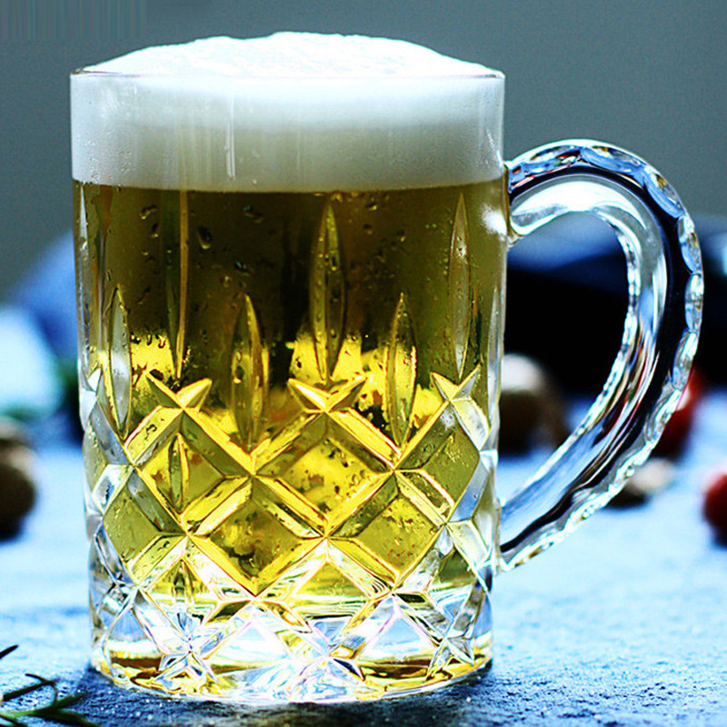 XIANGXING刻花带把水晶玻璃啤酒杯大号扎啤家用茶果汁水杯啤酒杯