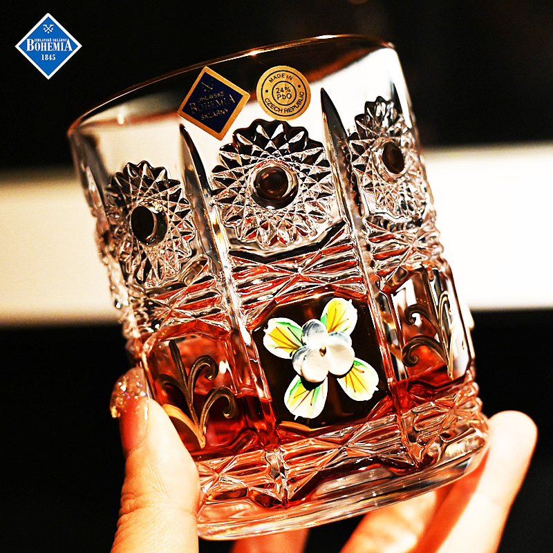 捷克BOHEMIA进口水晶玻璃珐琅花洋酒威士忌杯果汁饮料水对杯礼盒