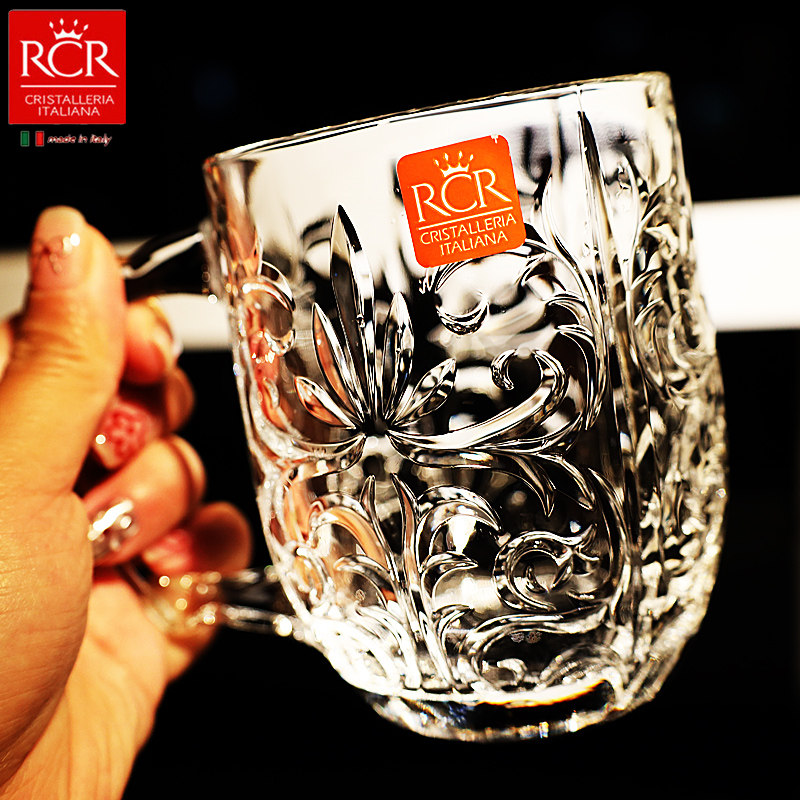 意大利进口RCR水晶玻璃刻花带把啤酒杯果汁杯马克杯牛奶杯可乐杯,餐饮具,啤酒杯,淘宝优惠券,粉丝福利购,淘宝优惠卷