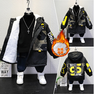 男童冬款加绒加厚外套2024新款中大童冬季棉衣洋气风衣派克服上衣