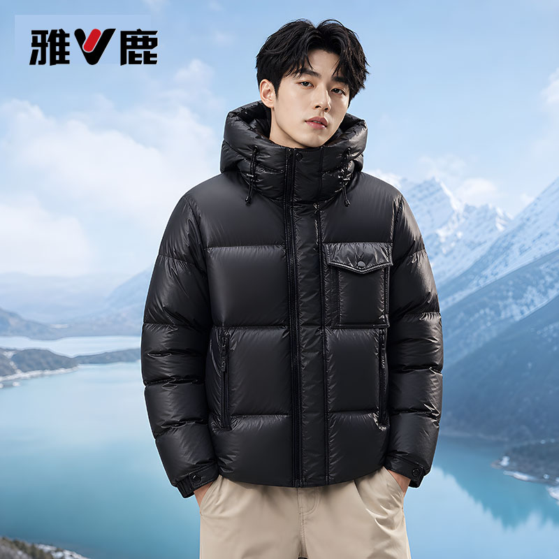 雅鹿连帽短款90鸭绒羽绒服外套