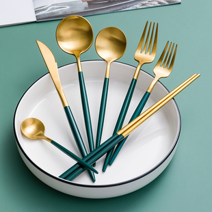 速发04刀锈钢不三筷勺套装家用西餐餐具墨绿色牛排刀叉勺叉件