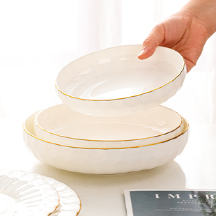 速发盘深菜盘家5202用新款 创意浮雕可微波金边骨瓷圆盘子子盘套装