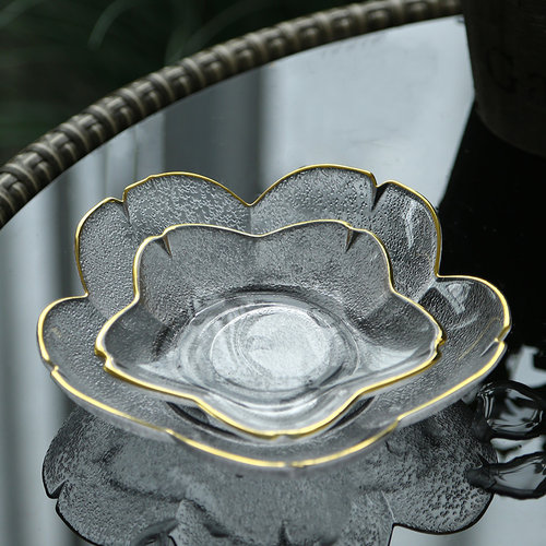 日式金边玻璃盘子家用创意水果碟沙拉菜碟透明不规则小盘子樱花碟