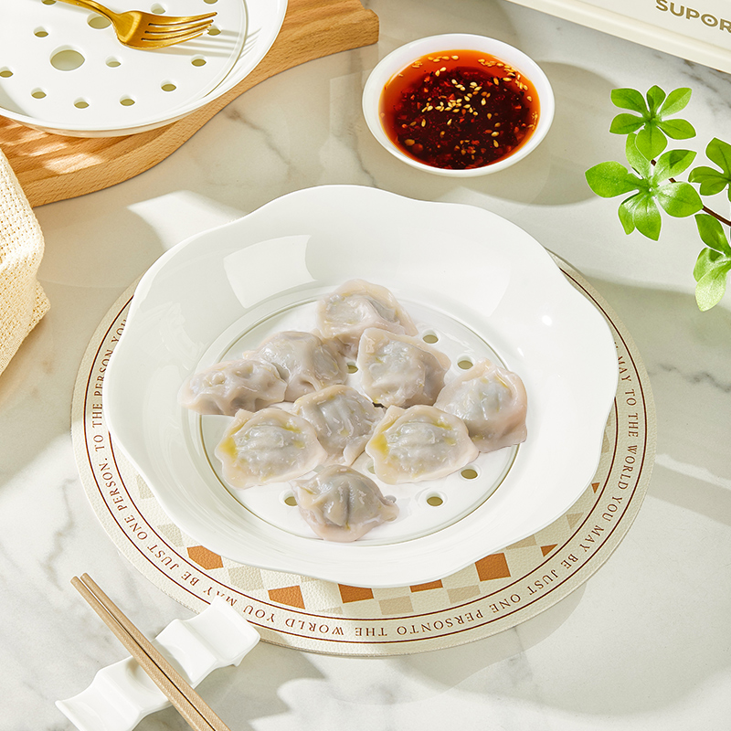 骨瓷纯白饺子盘带醋碟家用双层带屉多孔沥水蒸饺盘水饺盘不规则