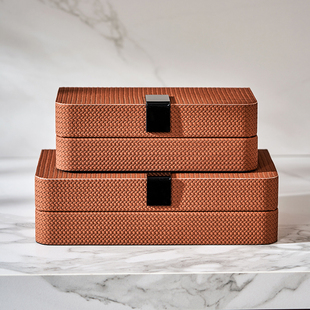 新中式售楼部开放格壁龛设计师摆件皮革收纳盒装饰盒软装布置