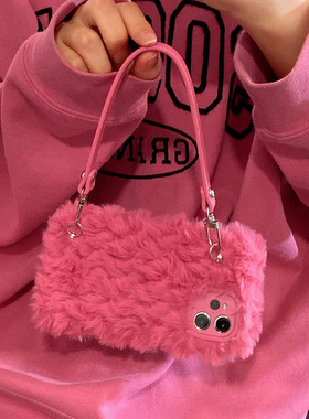 网红适用华为nova12pro毛绒小众11/10/9se简约手机壳少女心magic6pro/5/4/3荣耀play8T/7t/6C/5t冬x60i手提绳