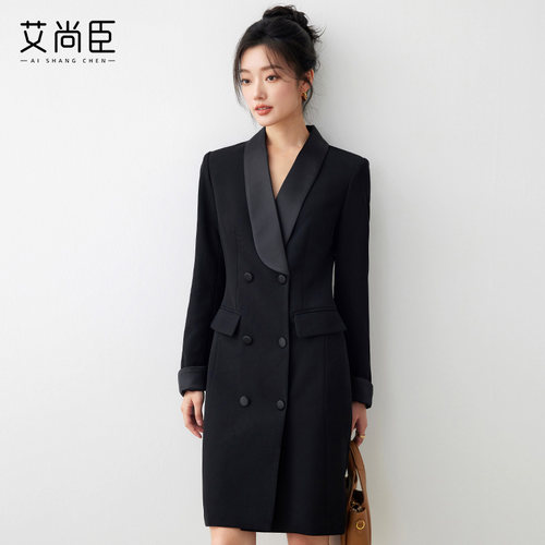 艾尚臣黑色连衣裙气质通勤西装裙