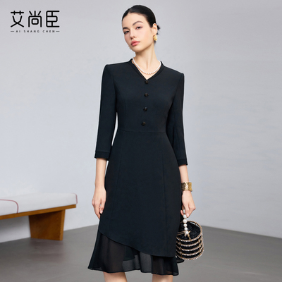 艾尚臣通勤七分袖收腰显瘦小黑裙