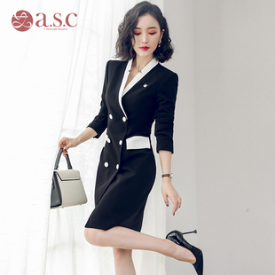 艾尚臣秋冬新款连衣裙职业装OL工作服工装女撞色双排扣修身连衣裙