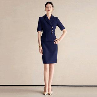 艾尚臣藏青色职业装连衣裙女夏假两件西装裙高级感修身显瘦职场风