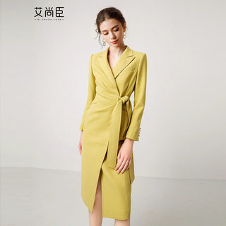 艾尚臣牛油果色高级感职业连衣裙女中长款西装裙收腰通勤正式场合