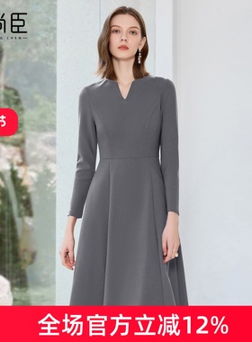 艾尚臣灰色职业连衣裙女气质设计感职业装优雅裙子正式场合工作服