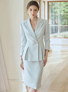 艾尚臣天蓝色西装套装女职业装气质女神范正装套裙高端西服工作服