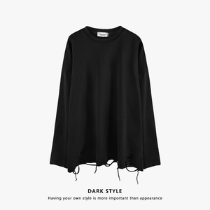 97OT SHOP美式高街纯色长袖T恤新款宽松纯棉破洞百搭男女打底上衣