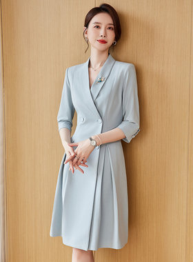 柒雁蓝色西装连衣裙气质女神范高级感职场通勤正装主持人职业裙子