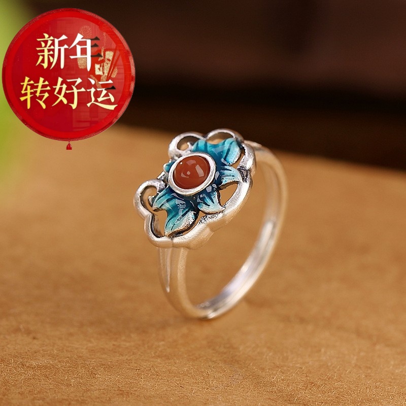 S925纯银镀金镂空珐琅莲花银戒指