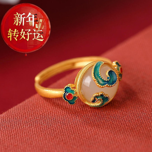 银镶纯天然和田玉和田祥云戒指和田玉女简约手工 新年转运