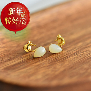 【好运】送女友天然和田玉白玉天鹅水滴耳钉女款925银镶玉石耳钉