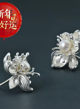 时尚花朵珍珠耳饰S925纯银典雅耳