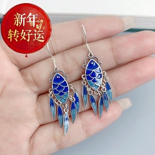 夸张大气复古风简约锦鲤鱼 925纯银流苏鱼耳环女长款 新年转运