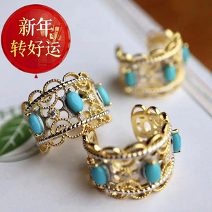 镂空饰品女士戒指S925镀金色镶嵌仿白玉睡美人戒指复 新年转运