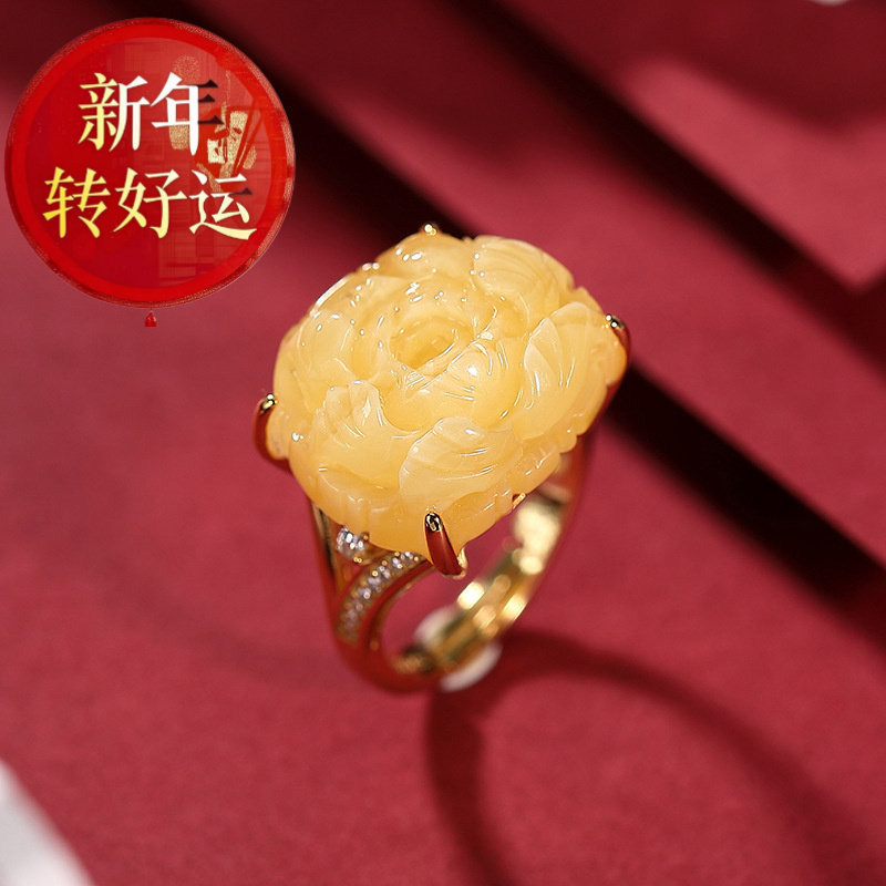 复古国潮牡丹花女士开口指环S925