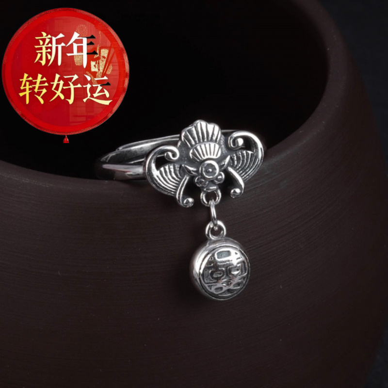 s925纯银蝙蝠细线钩针带线戒指微