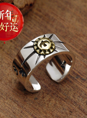S925纯银潮男指环高桥镶铜飞鹰射