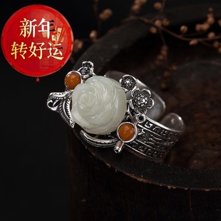 古风S925纯银复古镶嵌和田白玉南红玫瑰花女士开口银 新年转运