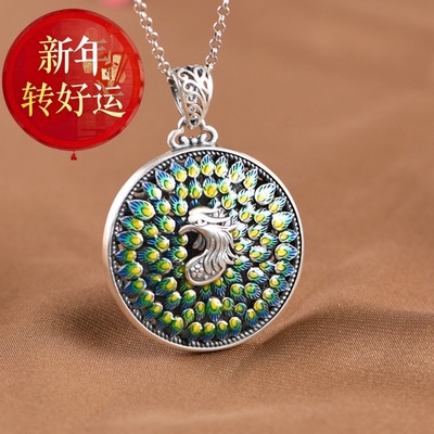 复古民族风足银孔雀吊坠银烧蓝双