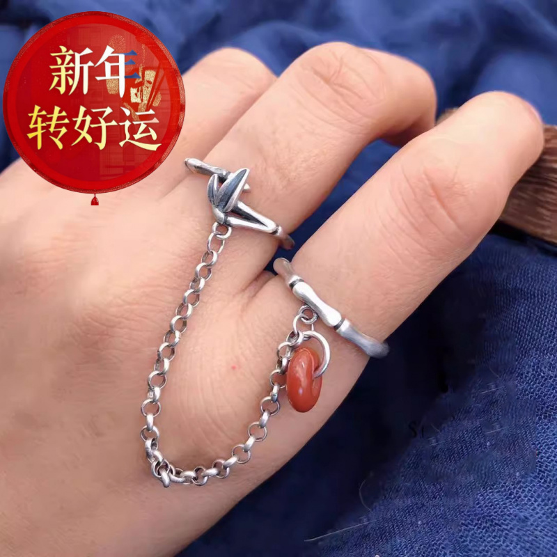 新品s925纯银复古竹叶南红链接戒