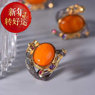 开口925银 做旧天然石戒指简约民族风饰品大气男女款 新年转运