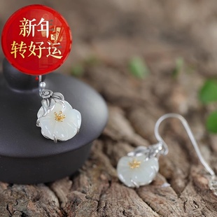 {莲泥棠}S925纯银镶嵌和田梅花女耳坠复古气质百搭耳 新年转运