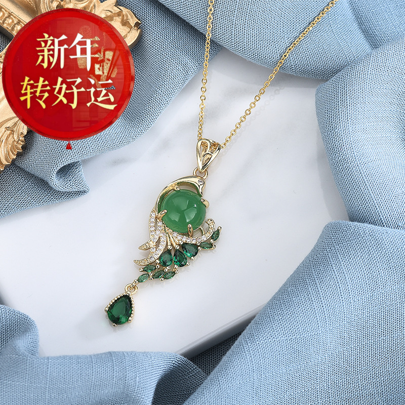 s925银镶绿玉髓红孔雀吊坠女式凤