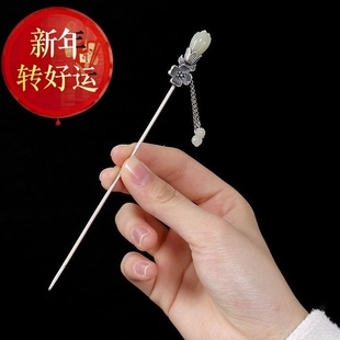 白金色复古古风和田玉汉服盘发白玉兰花女士高档发簪 新年转运