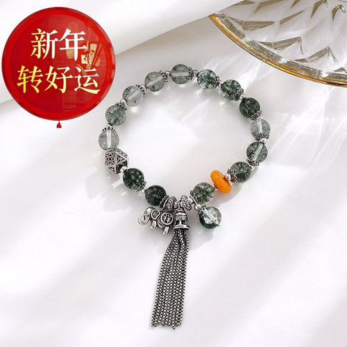 天然绿幽灵手串镶嵌S925银吉祥小